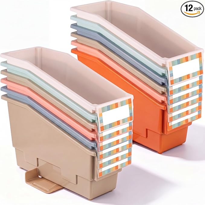 Geetery 12 Pack Non-Tip Book Bins with Stabilizer Wings Multicolor Plastic Storage Organizers Color Code Organization for Home Office Desktop Library Shelves Document Magazine File Holder (Earth Tone) by Geetery