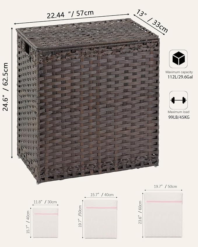 SETVSON Laundry Hamper with Lid Wicker Laundry Basket 112L PE, Brown | Large Family Clothes Sorter Trunk with Lid, 3 Compartment Washable Liners, 6 Mesh Bags, Collapsible Steel Frame - Image 5