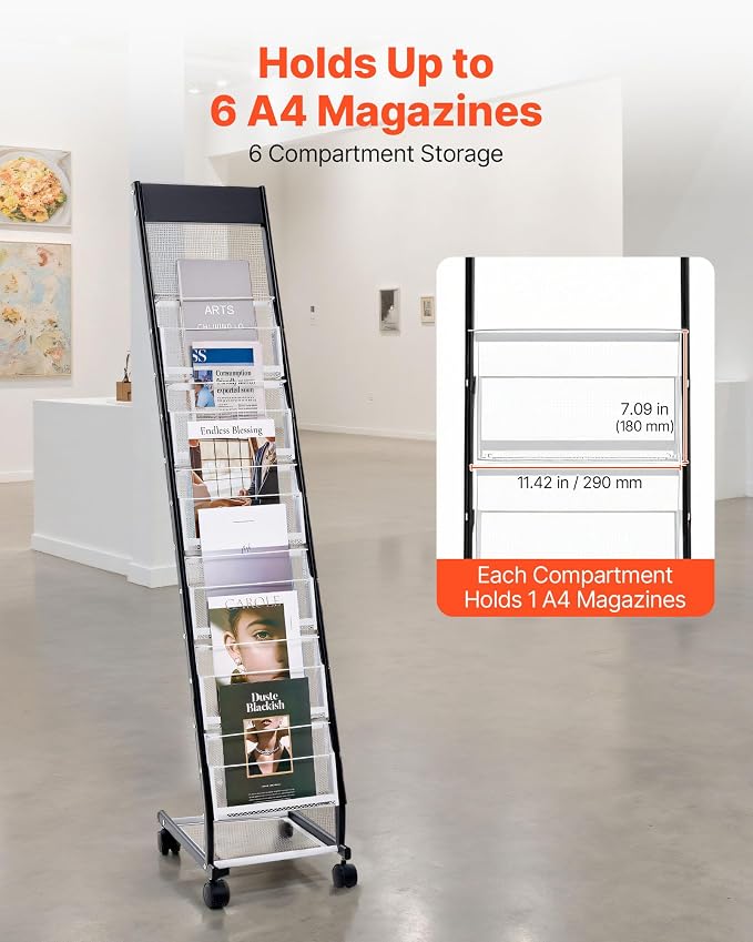 VEVOR Brochure Display Rack, Narrow 6-Tier Magazine Literature Display Stand with Wheels, Metal Floor Standing Magazine Rack, Movable Newspaper Catalog Holders for Shop Exhibitions Office (6 Pockets) - Image 2