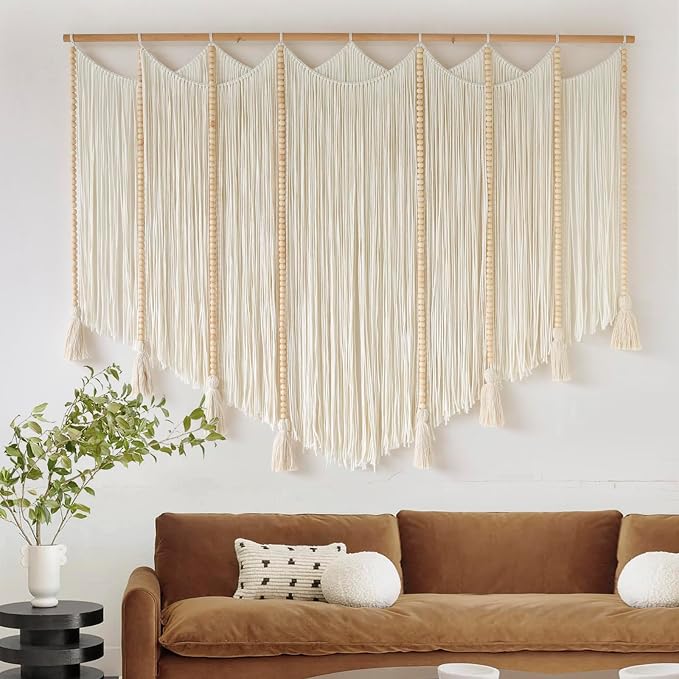 Jakalin Macrame Wall Hanging White Beads Yarn Art Boho Home Decor 57"x43" | Boho Wall Decor for Living Room,Bedroom,Nursery,Handwoven Tassel,Macrame Wall Art Cotton Craftsmanship Texture Wall Decor - Image 3
