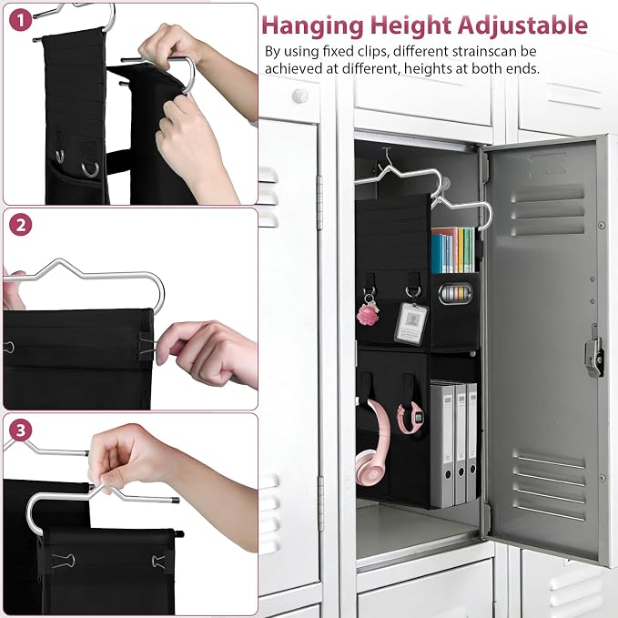 3 Shelf Hanging Locker Organizer with Side Pockets, Dark Black | Durable Oxford Fabric, Deep Shelves 9 in x 7 in, Adjustable Locker Shelf from 3 to 2 Shelves for School Locker, Gym, Closet - Image 7