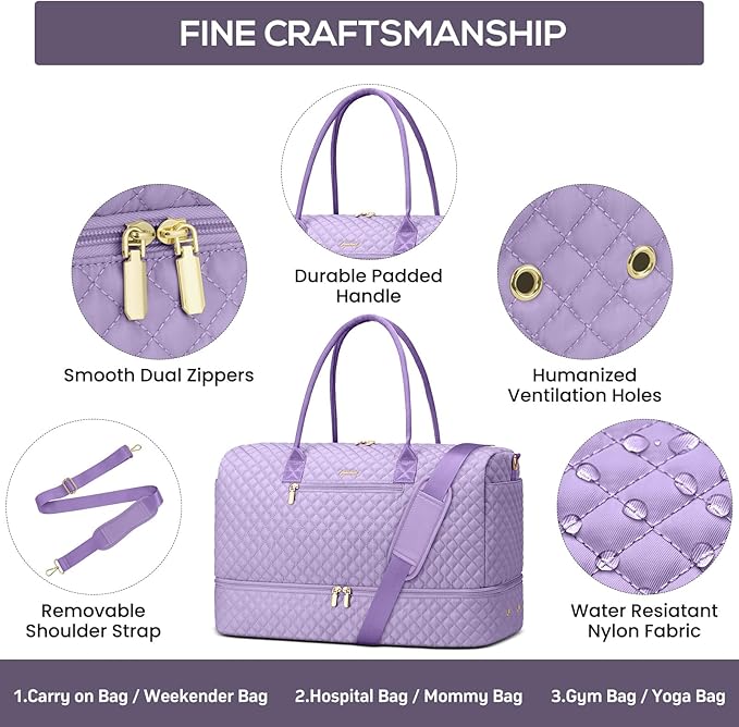 Travel Bag Weekender Bags for Women - Carry on Overnight Bag with Shoe Compartment Duffle Bag with Laptop Pocket Light Purple - Image 5