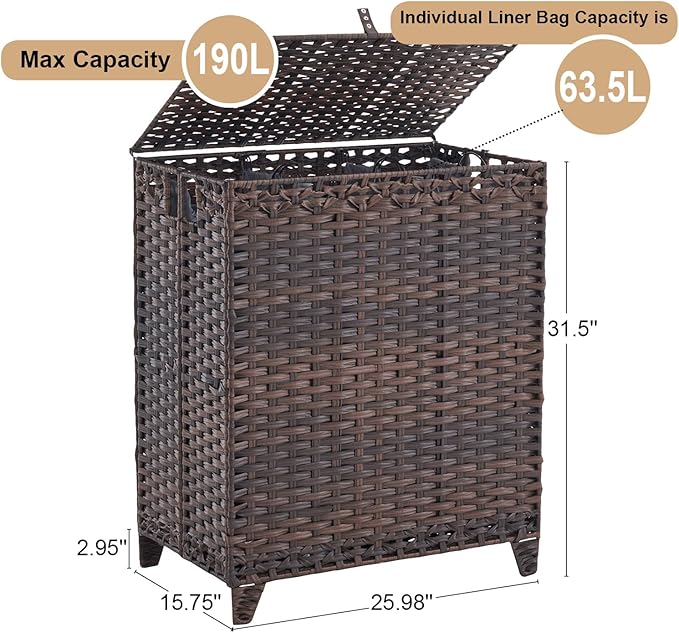 Laundry Hamper with Lid, 190L Large Laundry Basket 3 Section with 6 Removable Liner Bags & 3 Mesh Laundry Bags, Handwoven Rattan Clothes Hamper with Heightened Feet, No Install Needed, Brown - Image 4