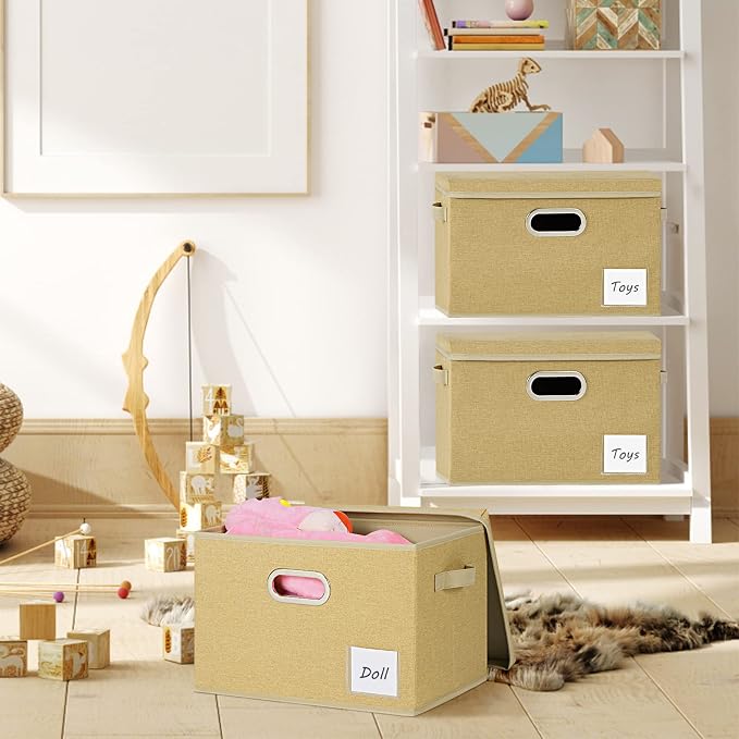 LHZK Extra Large Storage Bins with Lids 6 Pack, Foldable Linen Fabric Storage Boxes with Lids, Sturdy Fabric Storage Bins with Label & 3 Handles for Shelves Bedroom Home Office (Beige, Extra Large) - Image 4