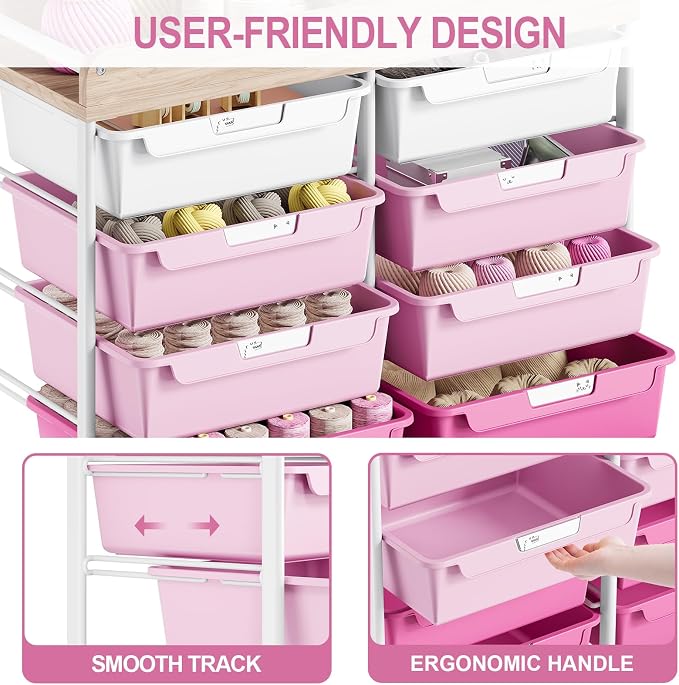 10 Drawers Rolling Cart with Wooden Tabletop, Utility Storage Cart with Wheels, Art Supply Craft Organizer on Wheel with Metal Frame & Handles for Home Office School,Pink | Easy Setup, Large Capacity, Sturdy Build, Lockable Mobility, For office, classr... - Image 5