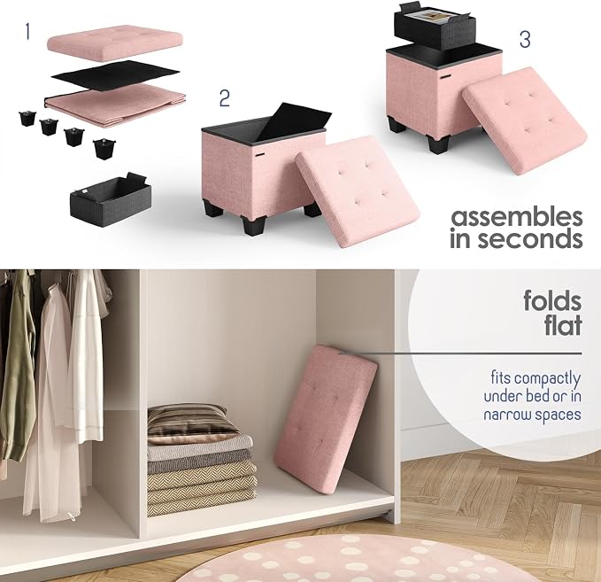 Storage Ottoman Cube with Small Bin, 15-in Square Ottoman with Storage for Living Room and Bedroom, Small Ottomans Foot Rest, Fabric Foot Stools Ottomans Max 330lbs, Pink - Image 3