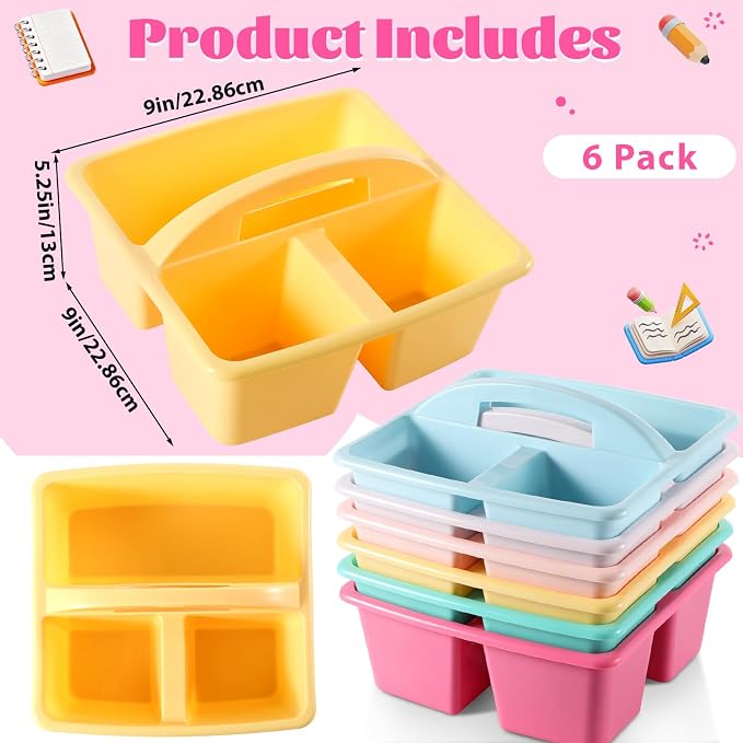 6 Pack 3 Compartment Small Caddy Plastic Classroom Organizer with Handle Portable Teacher Supply Storage Caddy Craft Art Caddies for Pencil, Crayon, Marker, Home, Office, School Supplies(Pastel) - Image 2