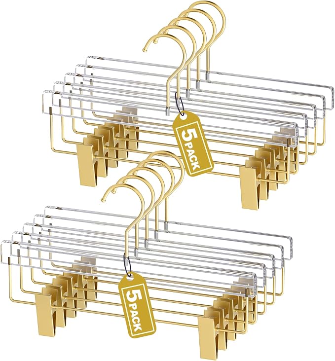 Clear Gold Acrylic Pants Hangers 10 Pack with Adjustable Clips | Non-Slip & Heavy Duty Hangers for Pants, Skirts, Jeans, Trousers, Scarves, Adults & Kids, Clothing Closet Storage by Fotoumgl