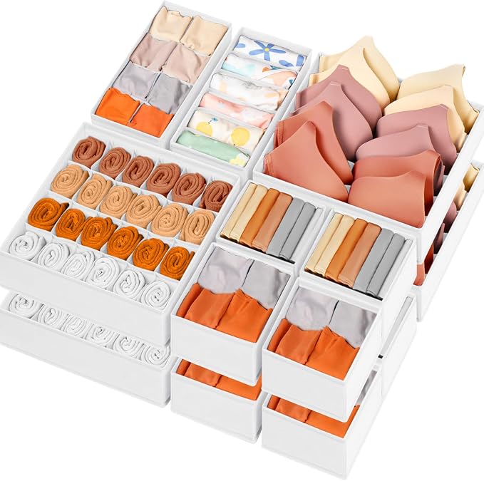 Drawer Organizer Clothes, 16 Pack Dresser Organizer Bins for Baby Clothes, Underwear Sock, Fabric Closet Organization and Storage Dividers for Nursery Bedroom (96 Compartments, White) by Criusia