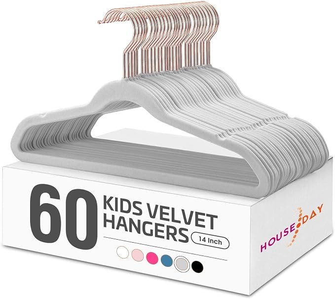 HOUSE DAY Velvet Kids Hangers 60 Pack, Premium Childrens Hangers for Closet, Ultra Thin Cute Hangers Kids Clothes Hanger, Non Slip Kids Felt Hangers 14 Inch, Small Hangers for Kids Clothes, Grey | Grey Ultra Thin Cute Clothes Hanger, Non Slip Small Fel... by HOUSEDAY
