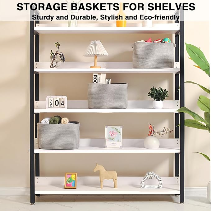 Grey Storage Baskets for Organizing Shelves, Woven Cotton Rope Basket for Storage, Gray Baskets for Toys, Cute Shelf Basket for Living Room Bedroom, 14.8"×11"×9.5", Pack of 3, Grey - Image 3