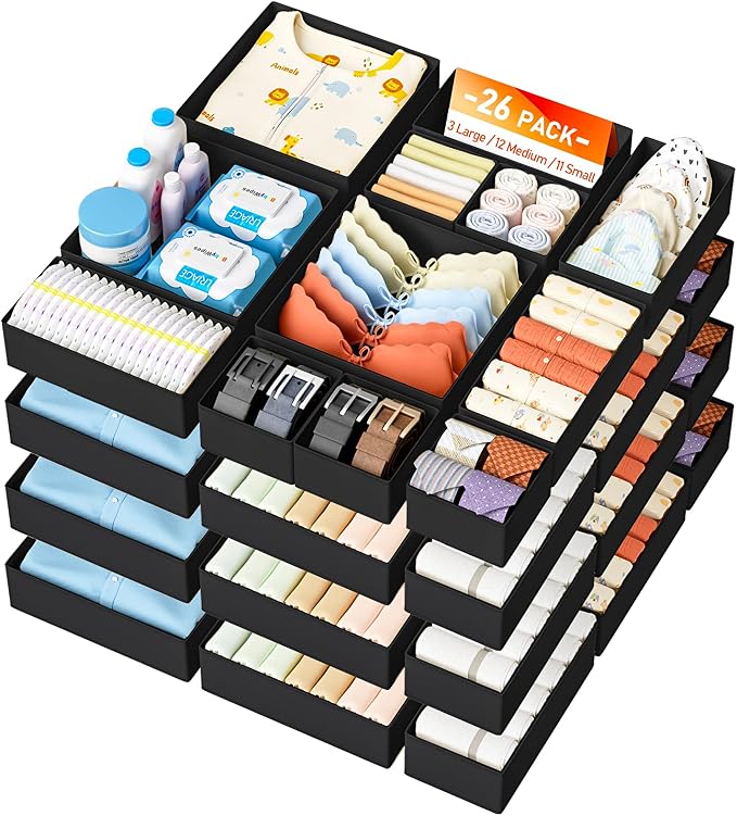 DIMJ Drawer Organizer Clothes- 26 Pack Baby Dresser Organizer for Nursery, Small Fabric Closet Drawer Organizer Bins for Underwears Socks, Foldable Storage Dividers Organization for Bedroom by DiMJ