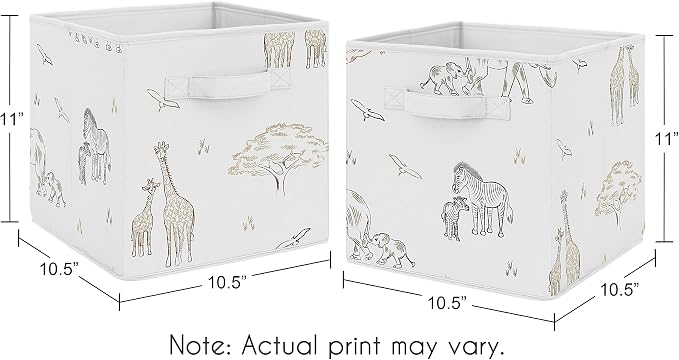 Sweet Jojo Designs Jungle Safari Animals Foldable Fabric Storage Cube Bins Boxes Organizer Toys Baby Taupe Black and White Gender Neutral Elephant Giraffe Wildlife Adventure Zebra Serengeti - Set of 2 - Image 3