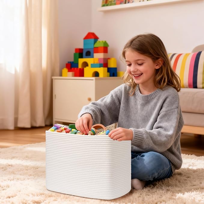 3 Pack Cube Storage Bin, 17”x12”x12” Cotton Rope Woven Baskets for Organizing Toys Clothes Towels, Square Gift Storage Baskets for Shelves, Nursery, Closet, Bathroom, Pantry (White) - Image 5