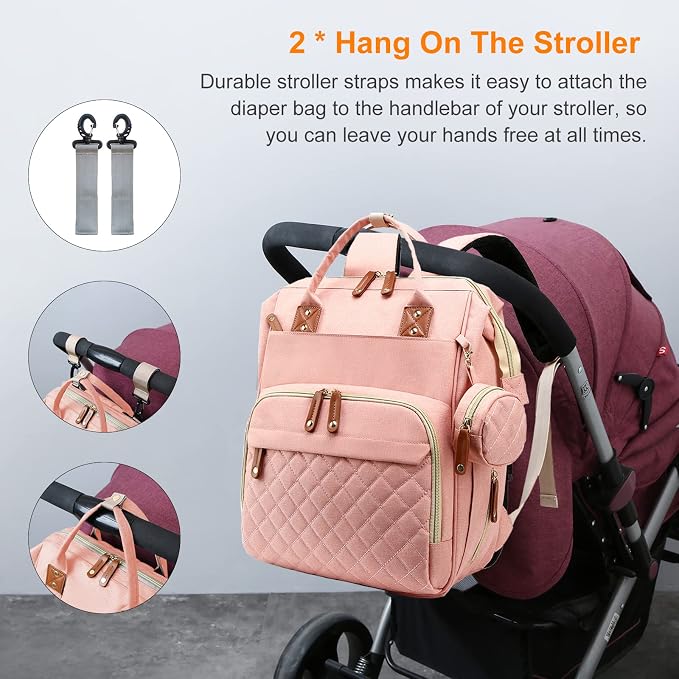 Diaper Bag with Changing Station, Waterproof 3 in 1 Diaper Backpack with Foldable Changing Pad, Large Travel Backpack for Mom & Dad, Baby Gift for Girl & Boy,Pink - Image 8