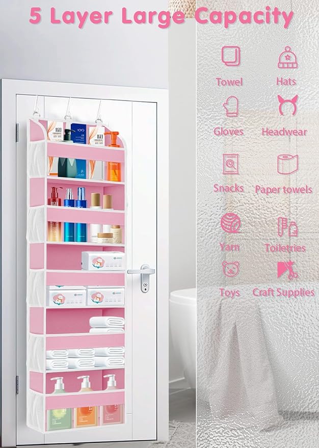 TAHAVICE 2 Pack Over the Door Storage Organizer with 5 Large Pockets | 44 lbs Weight Capacity & 10 Mesh Pockets Door Hanging Organizers and Storage for Bedroom,Bathroom,Nursery,Babyroom(Pink) - Image 5