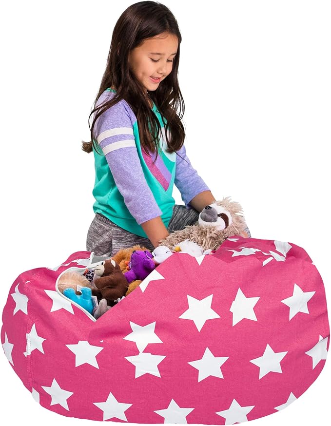 Posh Creations Kids Stuffed Animal Storage Bean Bag Chair Cover - Childrens Toy Organizer, Large-38in, Canvas White Stars on Pink - Image 5