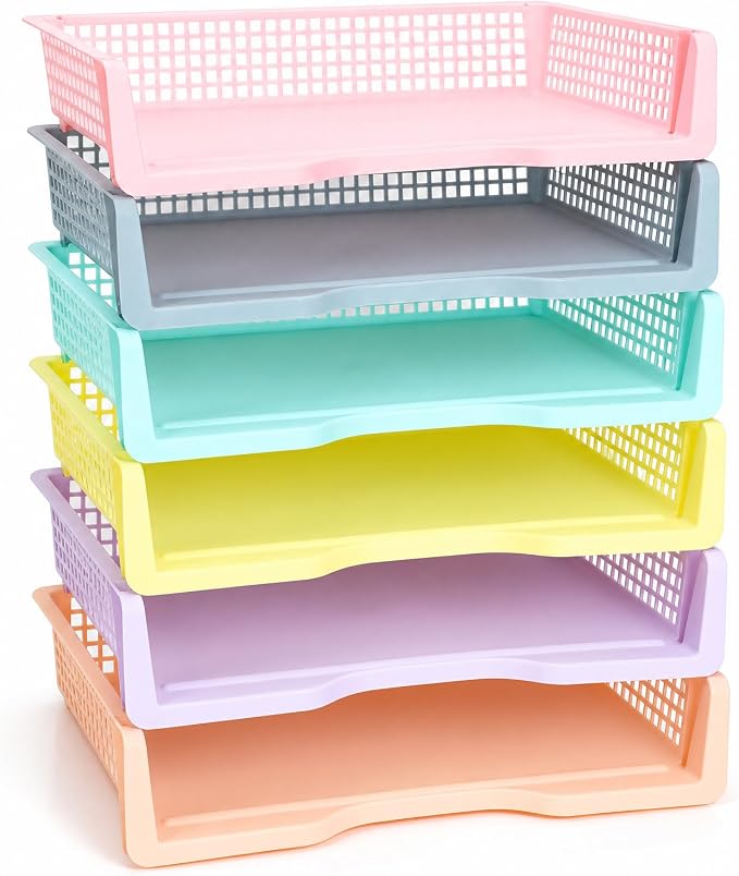 Tenceur 6 Pcs Turn in Trays Classroom, Pastel Stackable Paper Trays for Classroom Plastic Storage Baskets Teacher Organizers for Library Drawers Office Desk, 13.3 x 9.5 x 2.7 Inches by Tenceur