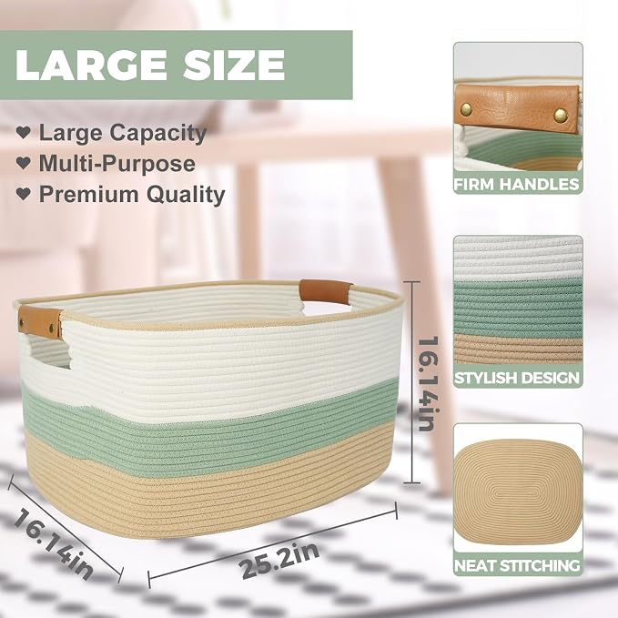 Large Woven Basket, 108L Rectangular Woven Storage Basket with Leather Handles, Stylish Organizer Bin for Home, Office, Laundry, Toys, or Blankets, 25’’*16’’*16’’ White & Green & Jute - Image 2