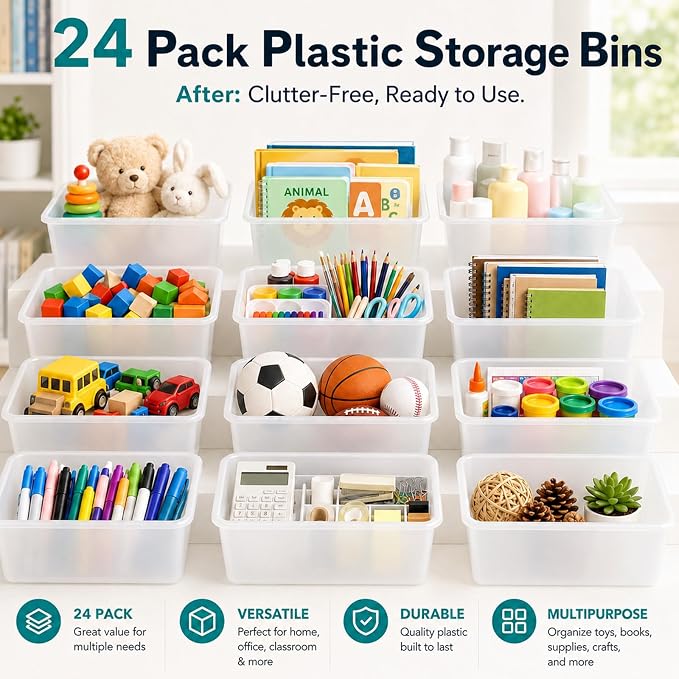 gisgfim 24 Pack Plastic Cubby Storage Bins Crew Toy Stackable Bin Classroom Plastic Cubby Bins Stackable Storage Containers Classroom Book Bin for Student Teacher School Office Home(Clear) - Image 4