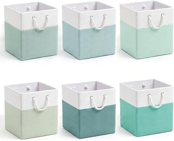 6 Pack 13x13 Inch Cube Storage Bins Fabric Square Cube Baskets, Light Green | Light Green Foldable Fabric Organizer with Handles, Home Closet Bin for Shelves, Durable Cube Baskets Bulk for Home Storage by Geiserailie