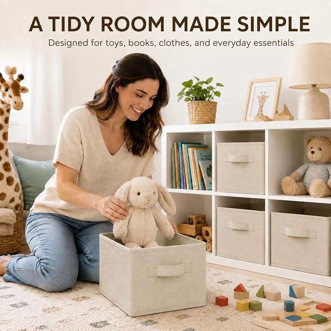 Yinder 4 Pcs Cube Storage Bin, Beige 14''x10''x8'' Storage Cubes | Kids Classroom Playroom Decor, Beige Bins, Foldable Baskets for Nursery Organizer Boxes Fabric Boxes - Image 7