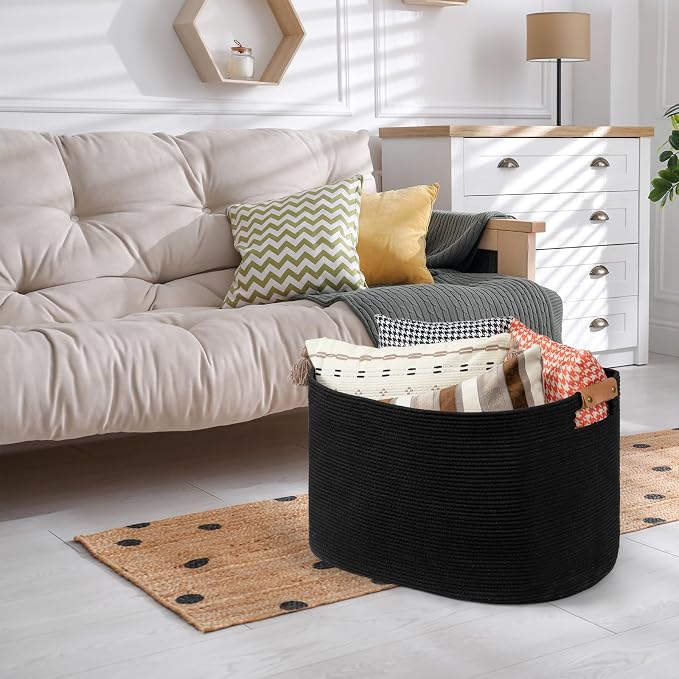 Large Woven Basket, 108 L Blanket Basket for Living Room, Nursery Bin for Toys Organizing & Laundry, Cotton Rope Hamper with Leather Handle, 25’’*16’’*16’’ Black - Image 8