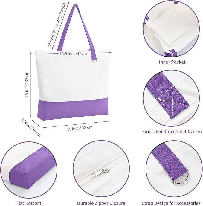1 Pack Canvas Tote Bag with Zipper, Large Blank Grocery Tote, Purple | Reusable, washable, inner pocket, flat bottom, sturdy handle, for sublimation DIY/transfer, travel/beach/gift/Christmas craft - Image 3