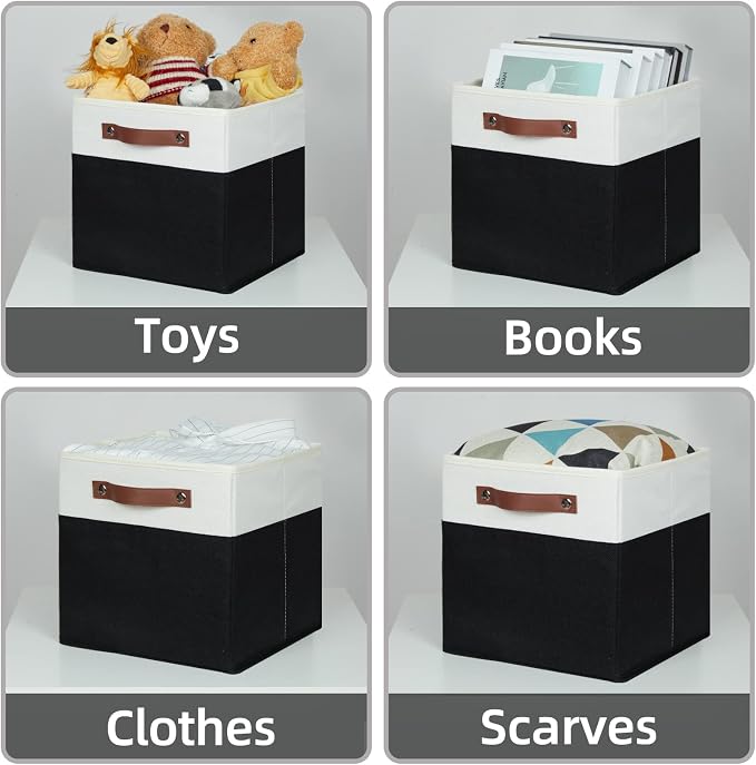 HNZIGE Cubes Storage Bins Set of 4,11 x 11 Fabric Storage Cube Baskets for Storage,Decorative Storage Bins for Shelves with Handles,Closet Clothes Baskets for Organizing Home(Black White) - Image 4