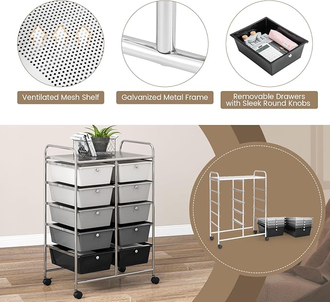 RELAX4LIFE Rolling Storage Cart with 10 Drawers - Craft Storage Cart with Lockable Wheels,Utility Cart, Art Cart Organizer for Crafting Storage, Office, School Rolling Drawer Cart (Gradient Black) - Image 5