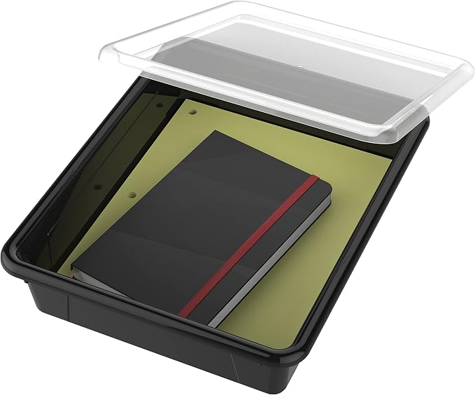 Storex Letter Size Flat Storage Tray – Organizer Bin with Non-Snap Lid for Classroom, Office and Home, Black, 5-Pack (62535A05C) - Image 7
