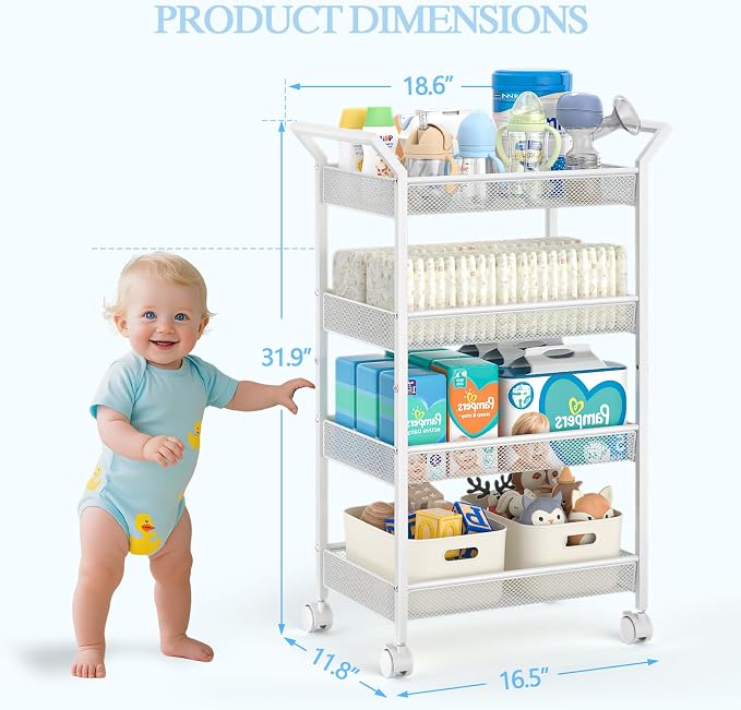 Baby Diaper Caddy Cart, 4-Tier Diaper Caddy Organizer and Storage, Rolling Utility Cart for Baby Supplies, Diaper Cart with Wheels for Bedroom, Nursery, Changing Table, White - Image 3