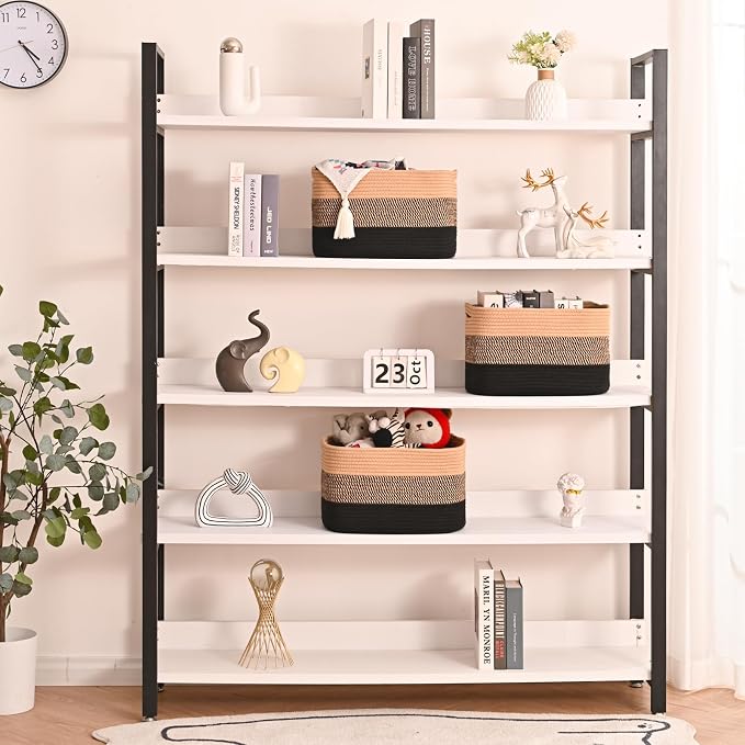ICERZCZ Storage Baskets for Organizing Shelves, Decorative Baskets for Storage, Woven Cotton Rope Basket for Living Room Bedroom Nursery, 15"x11"x9.5", 3 Packs, Gradient Black & Jute - Image 2