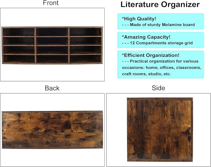 Mail Sorter, Wooden Countertop Literature Organizer, Student & Desktop Bill Paper Organizer, 12 Compartments, Antique Brown - Image 2