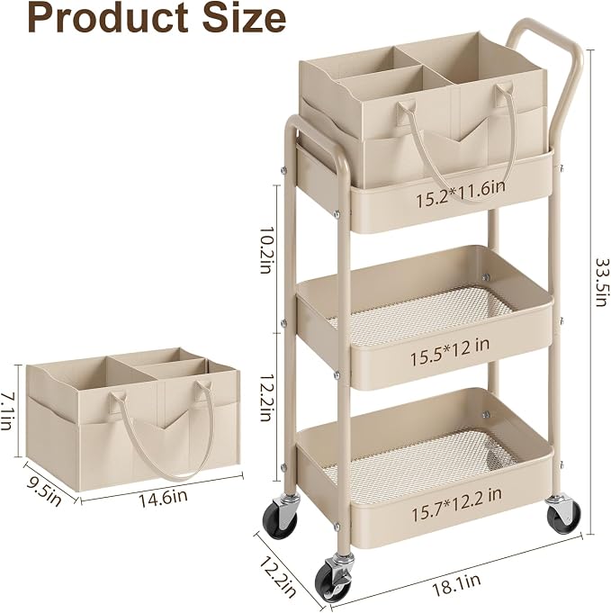 Baby Diaper Caddy Organizer Cart with Detachable Dividers, 3 Tier Metal Bedside Storage Rolling Cart with Wheels for Nursery, Postpartum Cart and Organizers for Newborn Essentials & Supplies (Oatmeal) - Image 3