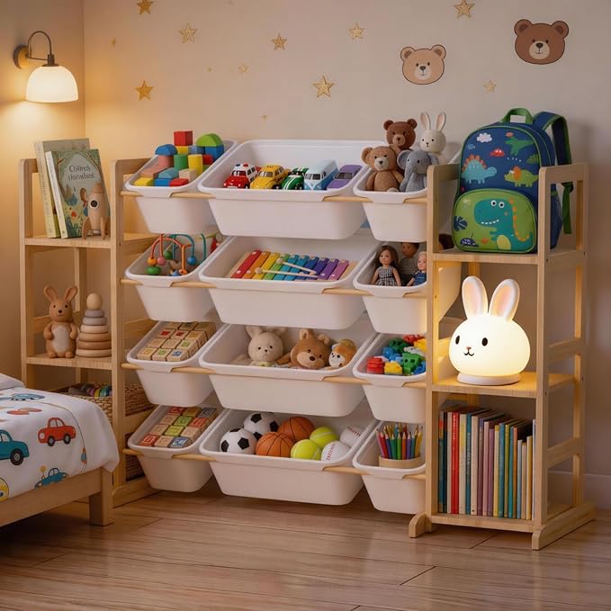 Toy Storage Organizer with Bookshelf for Kids, Large Wooden Shelf with 12 Storage Bins & 6 Shelves, Toy Box Organization for Kids Rooms, Playroom, Nursery and Living Room - Image 7