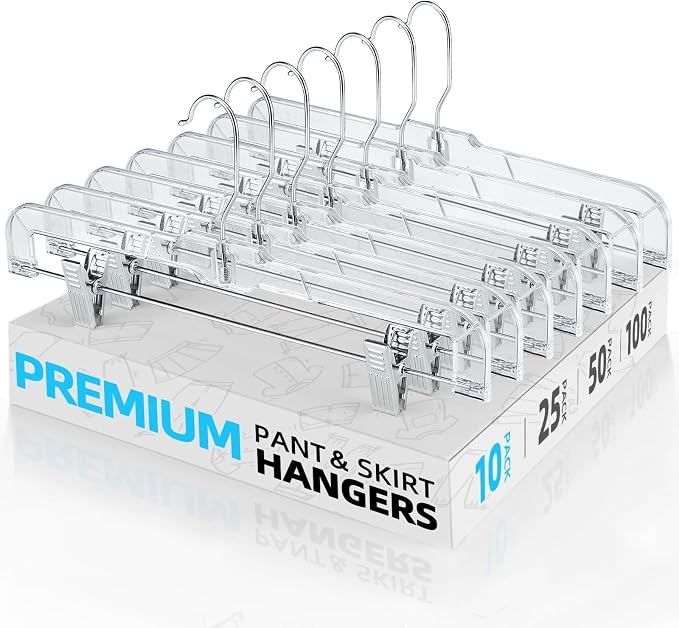 HOUSE DAY Clear Pants Hangers with Clips 10 Pack, 14'' Skirt Hangers | No-Mark Clip Hangers with Stronger Grip, Adjustable Clips for Jeans, Pants, Skirts and Shorts, Bulk Closet Hangers by HOUSEDAY