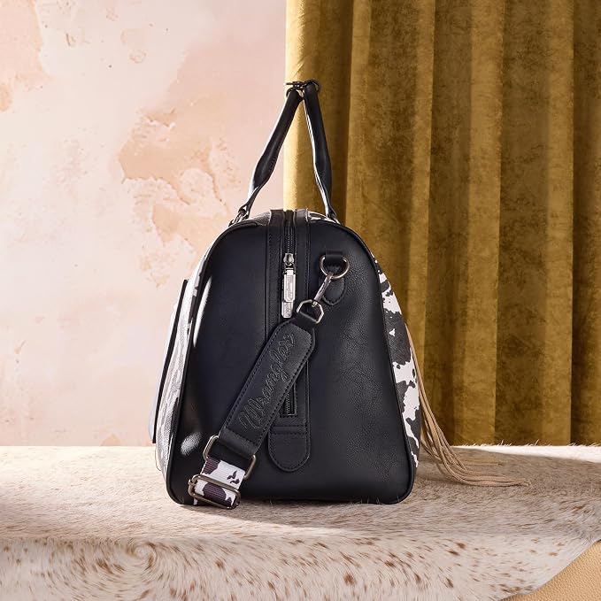 Wrangler Rustler Wildside Cow-Print Weekender Duffel Bag Large Carry On Bags with Tassels, Black - Image 2