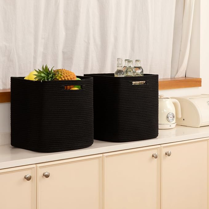 OIAHOMY 2 PACK Cube Storage Bin 13 Inch Collapsible Storage Cube Black | Cube Storage Organizer Storage Bins for Shelves Baskets for Organizing Woven Rope Storage Baskets - Image 6