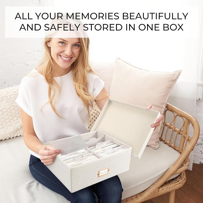 Decorative Photo Storage Box - Sturdy Linen Organizer Holds 1700 Photos | Organizer with Dividers Stores Up to 1700 4x6 Pictures - Portable Scrapbook Storage Containers with Lid - Image 3