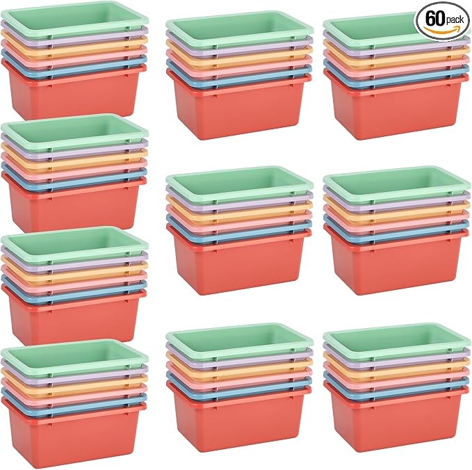 Outus Book Bins for Classroom Plastic Cubby Toy Bins for Kids Storage and Organizer Containers with Self Adhesive Label for Classroom Library School Office Home(Macaron,60 Pack) by Outus