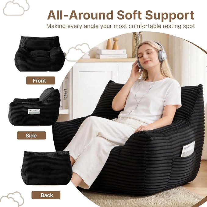 Bean Bag Chair for Adults & Kids, Giant Bean Bag Sofa with Side Pocket, Corduroy Beanbag Chair with Armrests, Comfy Stuffed Floor Sofa for Living Room Bedroom Dorm, Black - Image 7