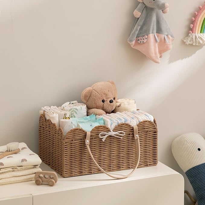 HBlife Baby Diaper Caddy Organizer, Portable Scalloped Plastic Wicker Woven Basket with Divider, Nursery Diaper Station, Baby Shower Gifts Basket, Car Organizer, Washable Waterproof - Image 3