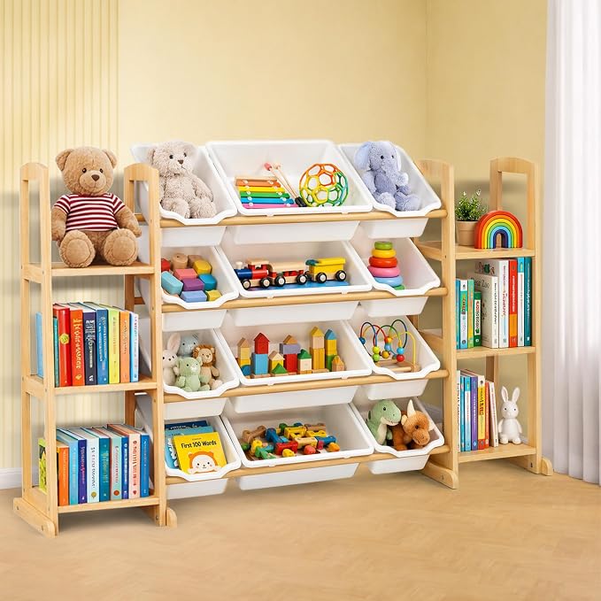 Toy Storage Organizer with Bookshelf – Wooden Toy Organizer with 12 Toy Bins & 6 Tier Bookcase,Quick Assembly Kids Bookshelf,Toy Bin for Playroom, Bedroom, Nursery– White by KidsToyStorageOrganizer