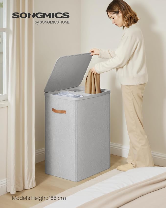SONGMICS Laundry Basket, 44.9 Gal. Laundry Hamper, 2 Compartments, Easy Assembly, with Lid and Handles, Removable Inner Bags, 22 x 15.7 x 29.5 Inches, Dove Gray ULCB813G01 - Image 2
