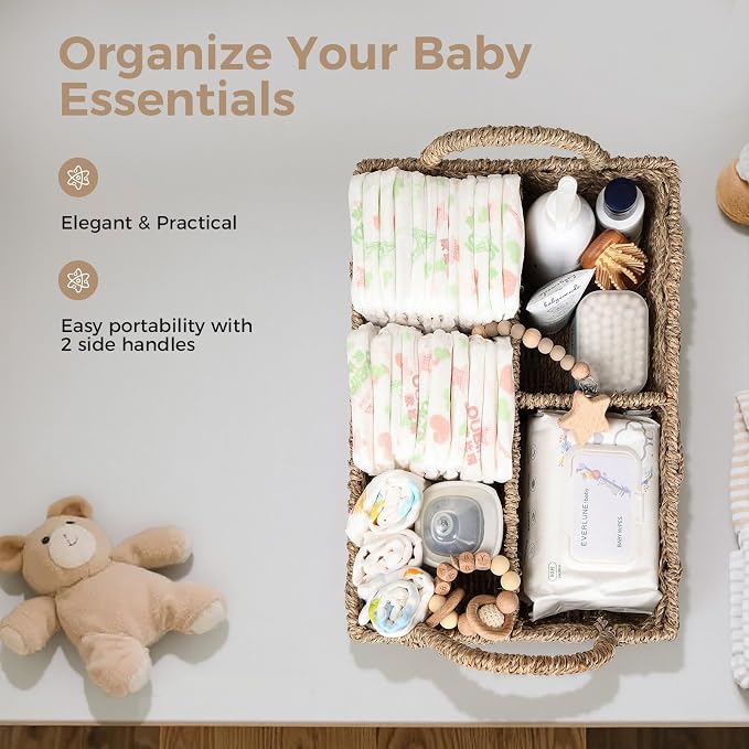 Diaper Caddy Organizer, Hand Rattan Nursery Baby Basket Changing Table Organizer for Baby Essentials, Baby Shower Gifts, Versatile Shelf Basket Bathroom/Kitchen Organizer (Natural Beige, L) - Image 4