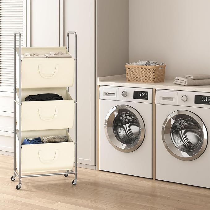 ELYKEN 3-Tier Vertical Rolling Laundry Hamper with Wheels & Removable Bags | 120L Capacity, Space-Saving Design, Locking Casters, 3 Section Laundry Sorter for Apartments, Small Spaces, Closet, Dorm - Image 8