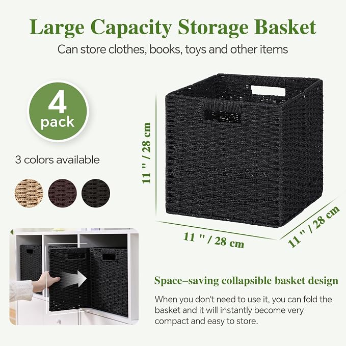 Patvingot 11-Inch Paper Rope Wicker Basket with Built-In Handles,4 Pack | For books, throws and accessories on open shelves, decorative woven texture, metal frame supports the shape, folds flat - Image 2