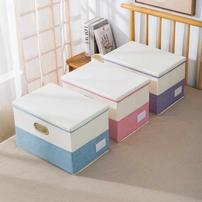 Collapsible Storage Bin with Lid [3-Pack] Fabric Foldable Storage Box Organizer Container Basket Cube with Cover for Home Bedroom Closet Office Nursery Purple&Cream(14.9x9.8x9.8) - Image 7