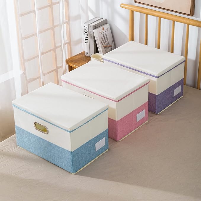 Collapsible Storage Bin with Lid [3-Pack] Fabric Foldable Storage Box Organizer Container Basket Cube with Cover for Home Bedroom Closet Office Nursery Blue&Cream(14.9x9.8x9.8) - Image 7